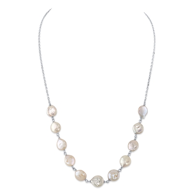 White Freshwater Cultured Coin Pearl Emery Necklace for Women