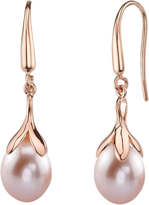 10-11mm Pink Freshwater Pearl Rose Gold Plated Olive Drop Earrings