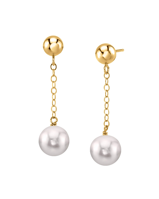 14K Gold Akoya Round Ball Double Chain Earrings