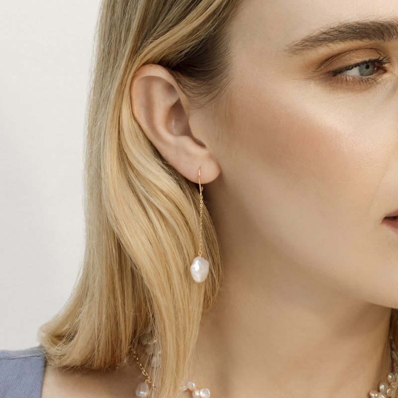 18K White Freshwater Baroque Pearl Polly Earrings - Model Image