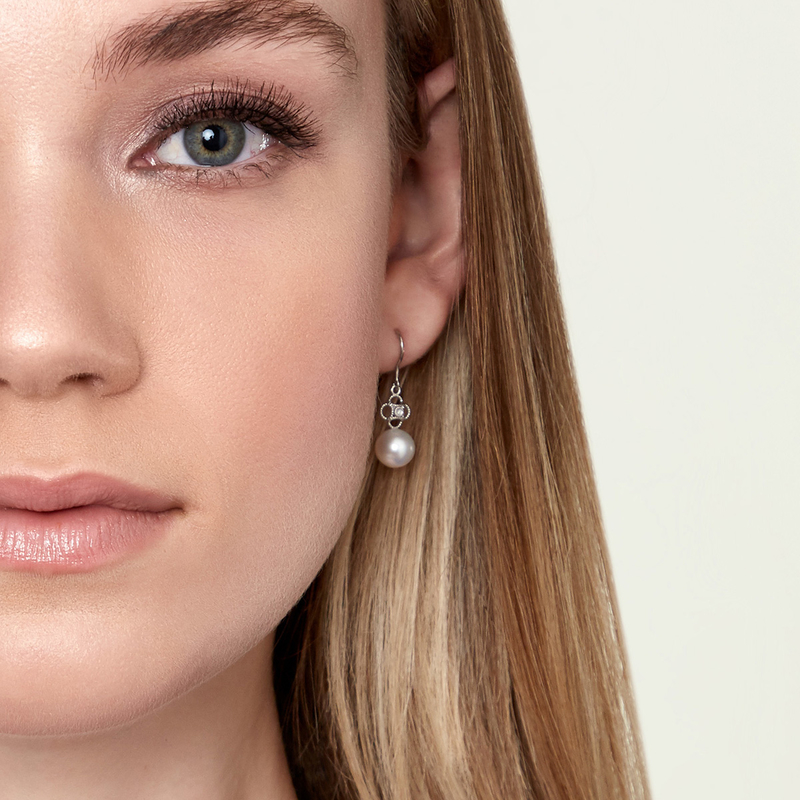 Model is wearing Lacy earrings with 8-9mm AAAA quality pearls