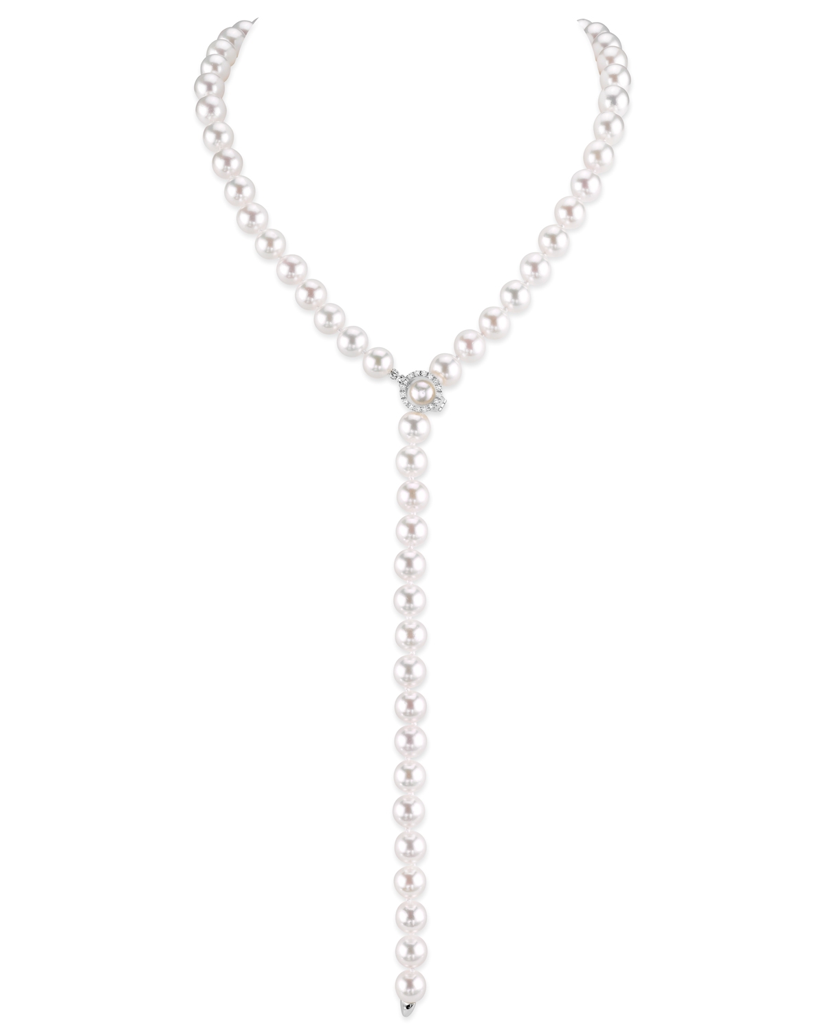 8.0-8.5mm White Freshwater Pearl & Diamond Adjustable lariat Y-Shape 51 Inch Necklace- AAAA Quality