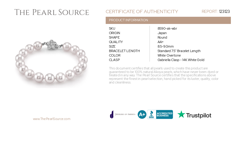 8.5-9.0mm Akoya White Pearl Bracelet- Choose Your Quality-Certificate