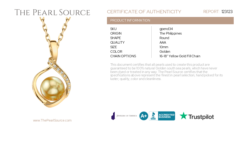 Golden Pearl & Diamond Alexis Pendant-Certificate