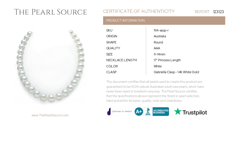 11-14mm White South Sea Pearl Necklace - AAA Quality-Certificate