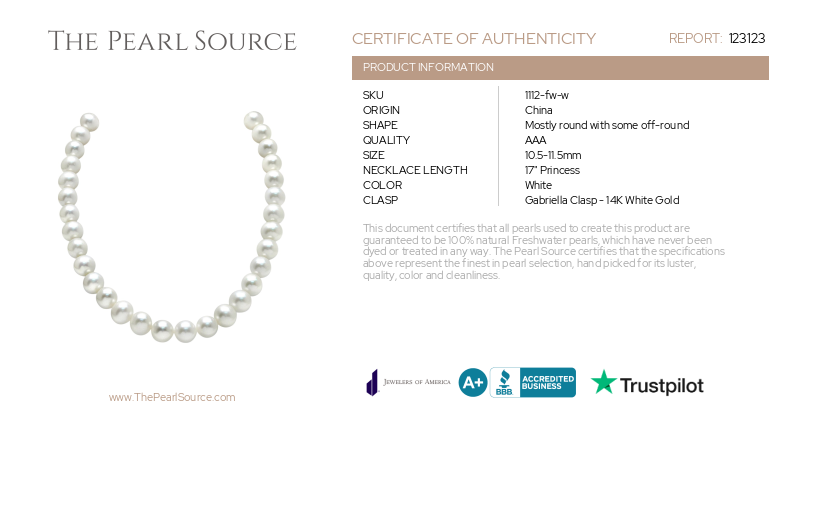 10.5-11.5mm White Freshwater Pearl Necklace - AAA Quality-Certificate