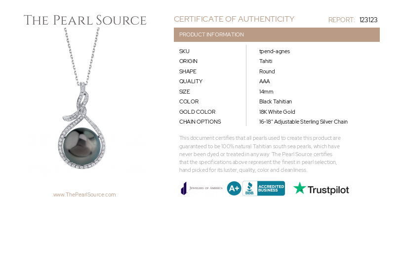 14mm Tahitian South Sea Pearl & Diamond Agnes Pendant-Certificate