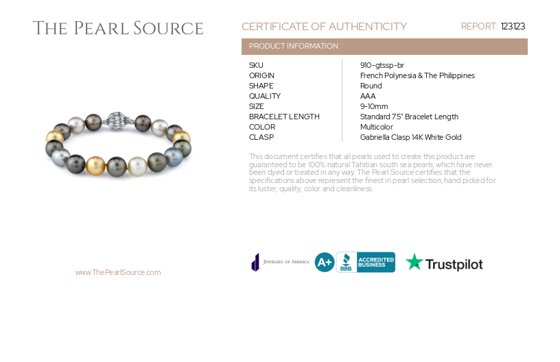 9-10mm Tahitian & Golden South Sea Pearl Bracelet-Certificate