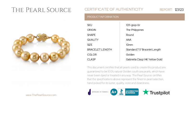 10-11mm Golden South Sea Pearl Bracelet-Certificate