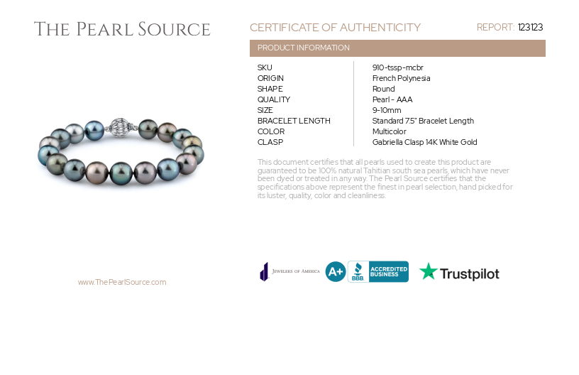 9-10mm Tahitian South Sea Multicolor Pearl Bracelet - AAA Quality-Certificate