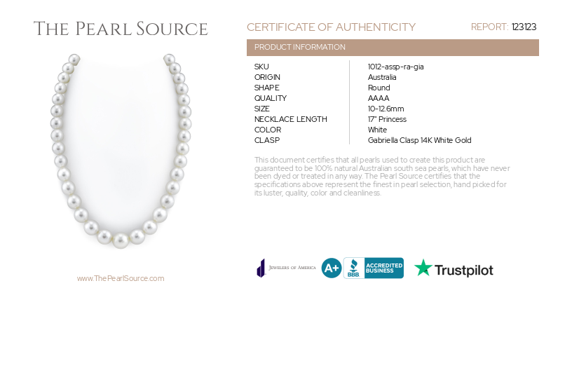 10-12.6mm White Round South Sea Pearl Necklace - GIA Certified-Certificate