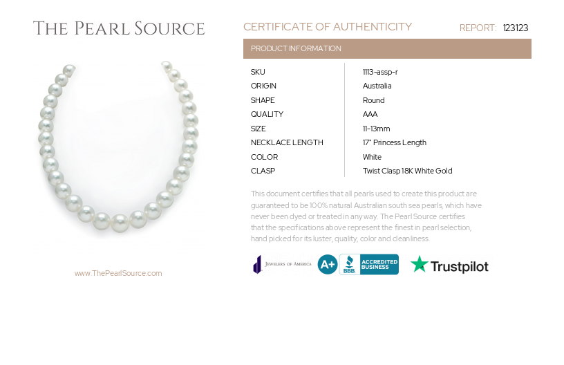 11-13mm White South Sea Pearl Necklace - AAA Quality-Certificate