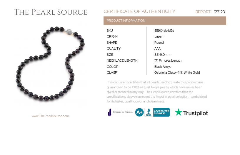 8.5-9.0mm Japanese Akoya Black Pearl Necklace-AAA Quality-Certificate